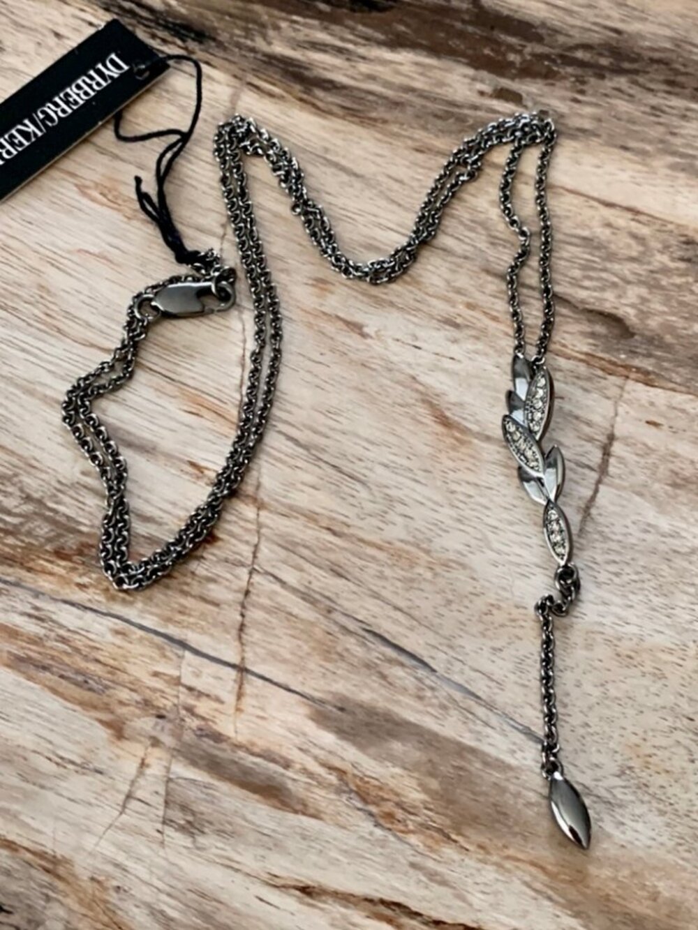 Dyrberg/Kern Petals gunmetal and grey Swarovski crystal flower lariat necklace